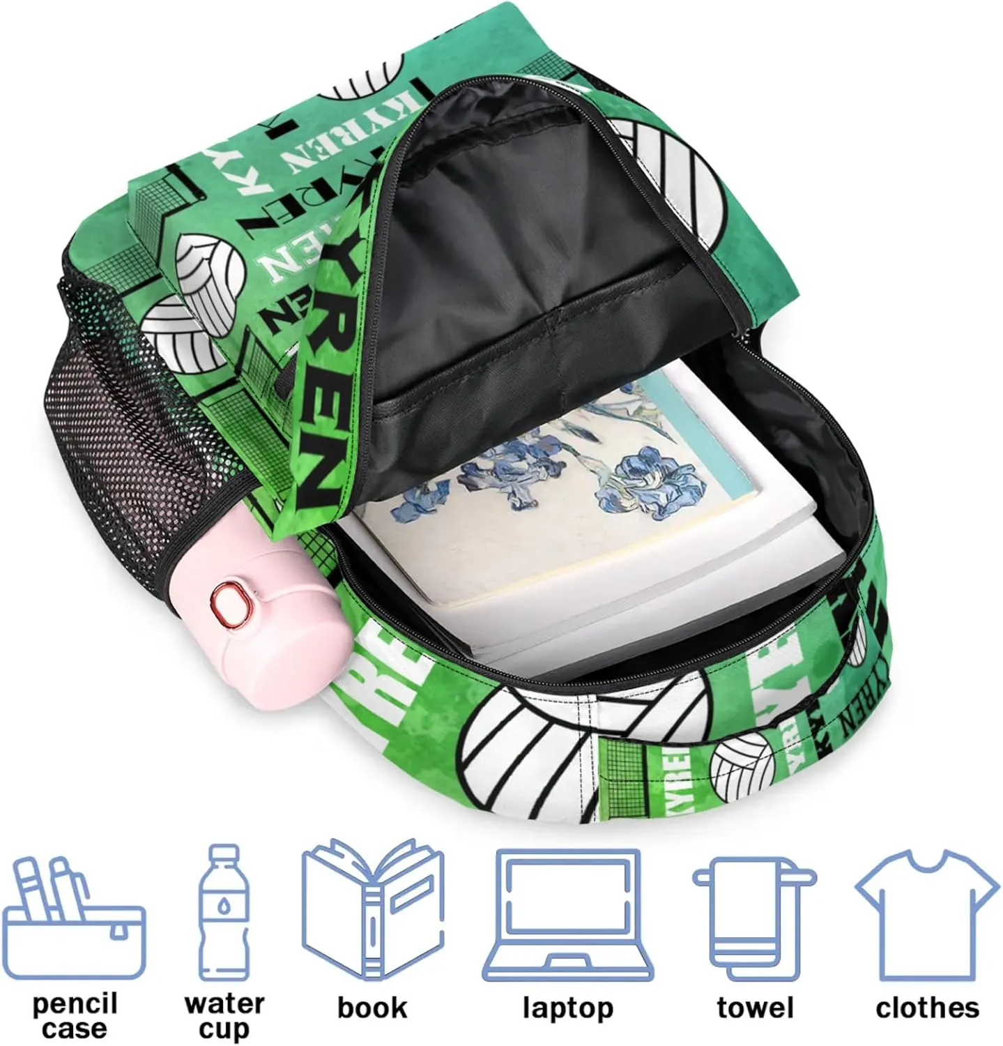 Personalized Name Volleyball Backpack, Custom Sports Bag Backpack for Men Women, Laptop Backpacks Travel Camping Hiking Daypack, Dark Green