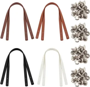 PH PandaHall 4 Colors Leather Bag Handles, 4pcs 23.7 Inch Leather Bag Straps with Silver Rivets Purse Handles Short Handbag Strap Replacement Handles for DIY Handbags Crochet Bags Tote Bag Making