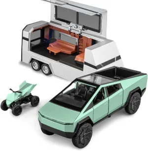 Pickup Car Model, Toy Trucks Pickup Model, Pickup Trailer Model Toy Truck with Beach Motorcycle, with Sound and Light, Alloy Diecast Truck Toy Cars for Kids ﻿ (Green)