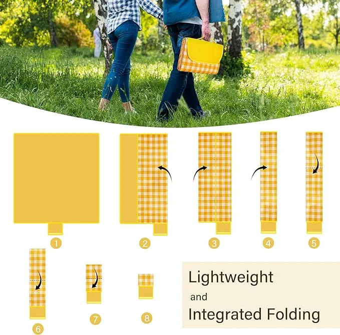 Picnic Blankets Waterproof Foldable Yellow Gingham Beach Mat Tote Handbag for Camping Travel Park (60x80 inch)