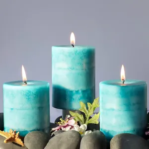 Pillar Candles Ocean Breeze Scented 3x4 inch Green Layered Coastal Decoration Clean Burning Long-Lasting Candles for Home Party Room Ocean Bathroom Decor - 3 Pack
