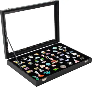 Pin Display Case, Dustproof Pin Collection Showcase Storage Organizer Box, for Enamel Pin, Pin Badge, Military Medals, Beach Tags, Jewelry Pins (Black Color)