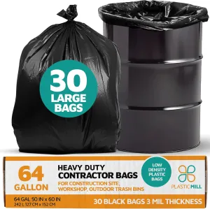 PlasticMill Contractor Bags Heavy Duty - Commercial, Industrial Garbage Bags - Black Construction Trash Bags - Outdoor, Garden Trash Bags, 64-Gallon, 3 Mil, 50"x60" (30-Count)