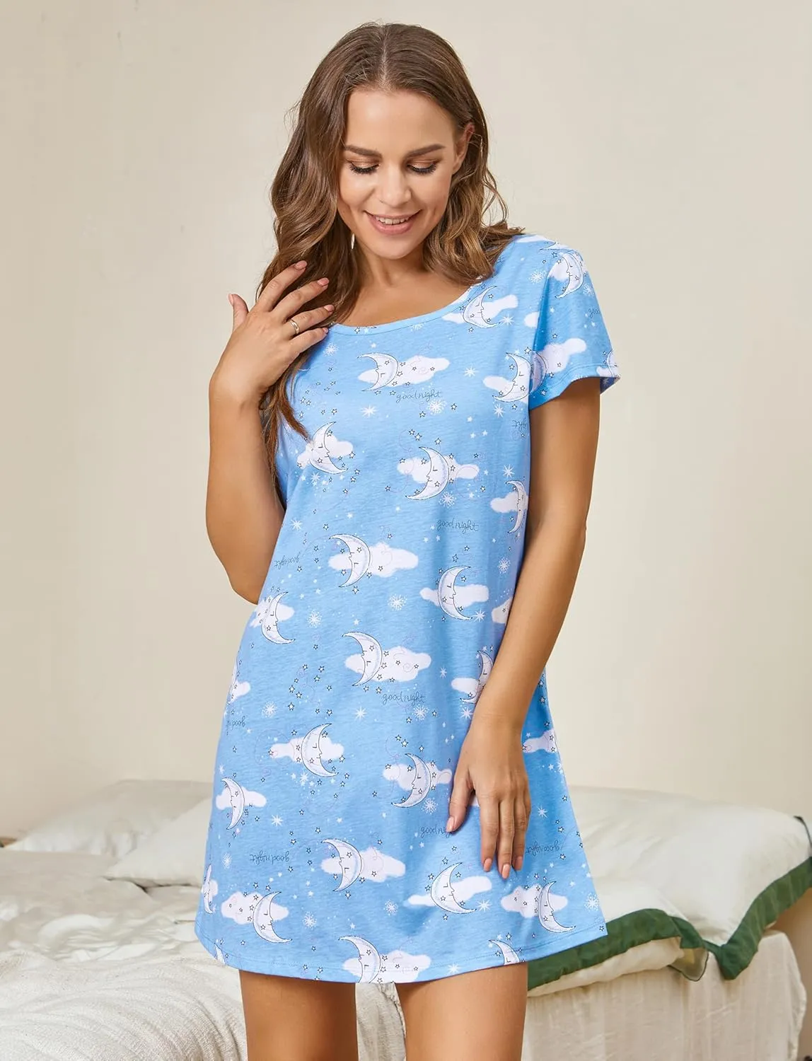 PNAEONG Women's Cotton Nightgown Sleepwear Short Sleeves Shirt Casual Print Sleepdress