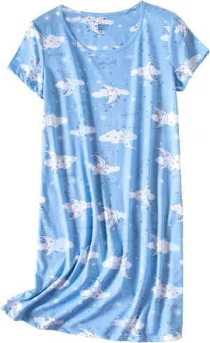 PNAEONG Women's Cotton Nightgown Sleepwear Short Sleeves Shirt Casual Print Sleepdress