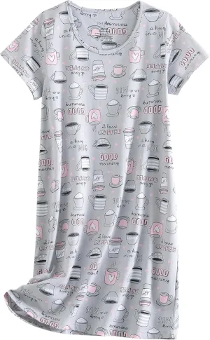 PNAEONG Women's Cotton Nightgown Sleepwear Short Sleeves Shirt Casual Print Sleepdress