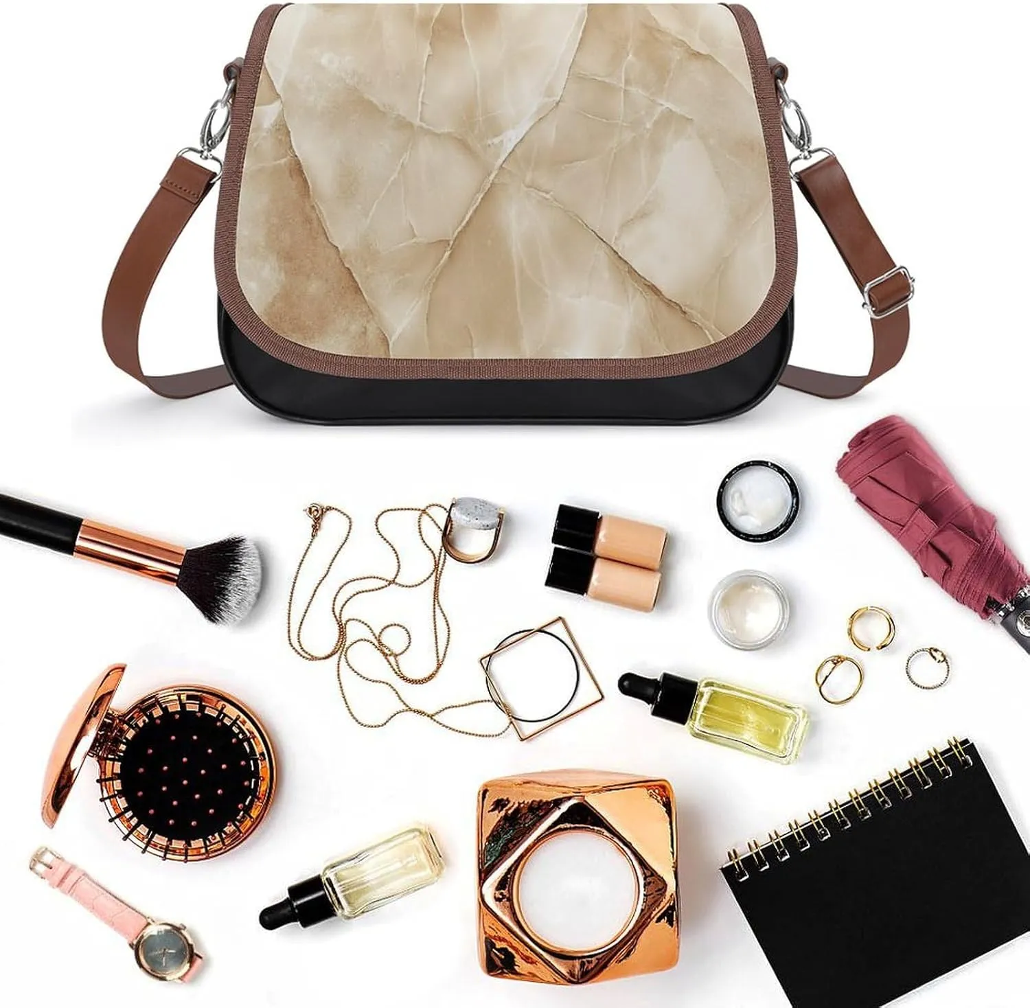 Polished Black Marble with Golden Veins Crossbody Bag Leather Crossbody Bag