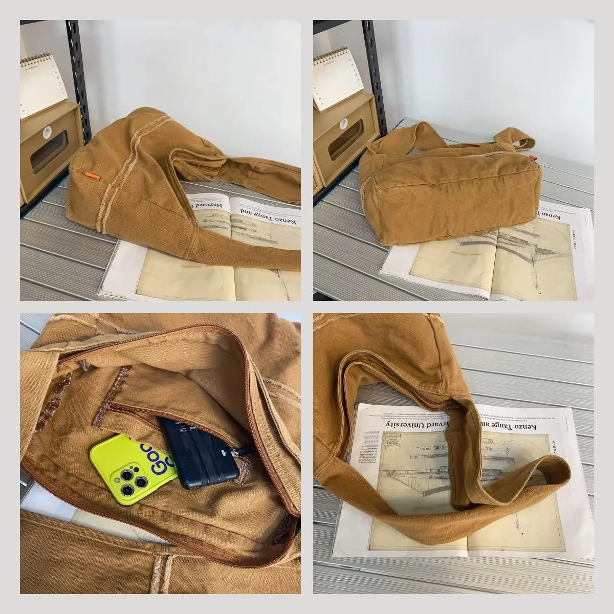 Pooyikoi Fashion Ladies Messenger Bag Large Capacity Crossbody Bag Unisex Canvas Student Shoulder Bag Solid Color Handbag