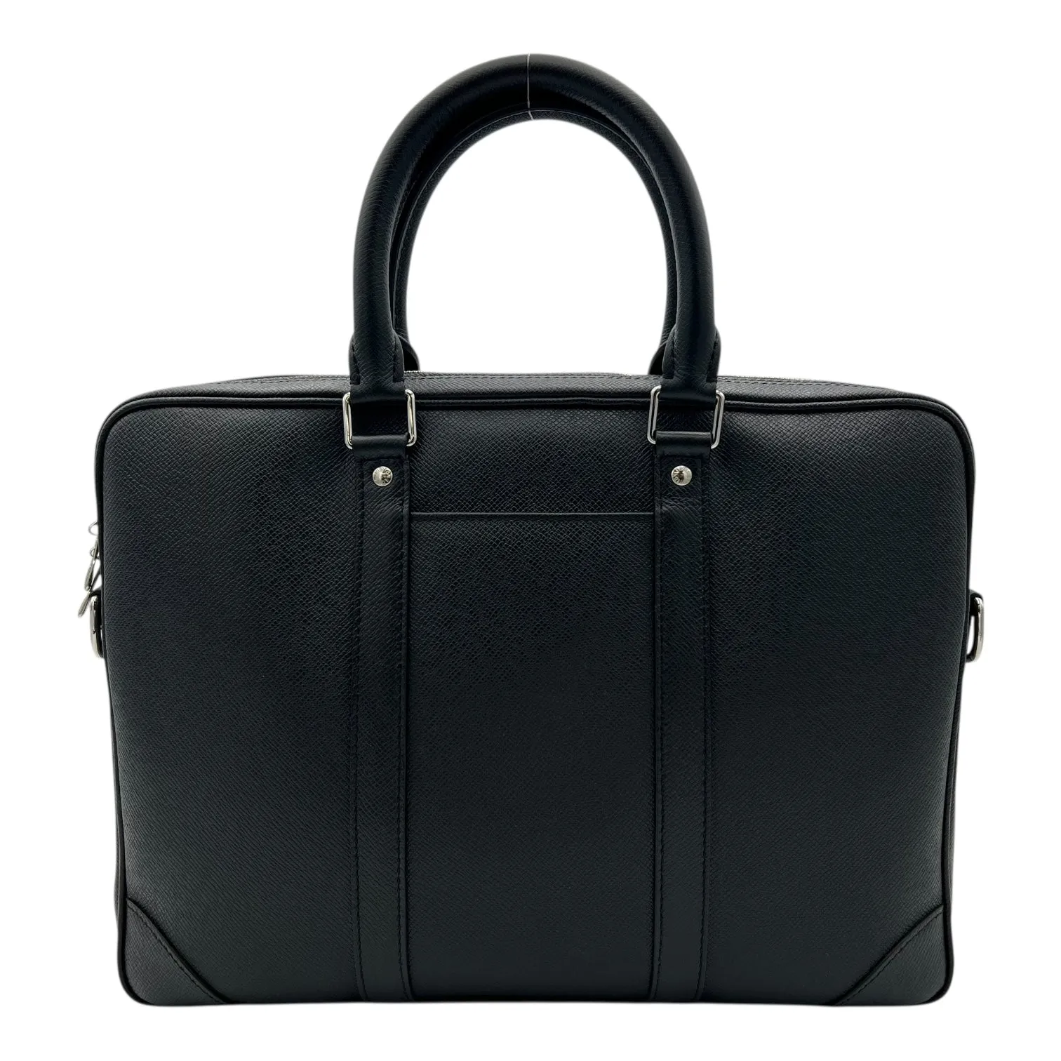 Porte Documents Voyage PM Black Messenger in Taiga Leather, Silver hardware