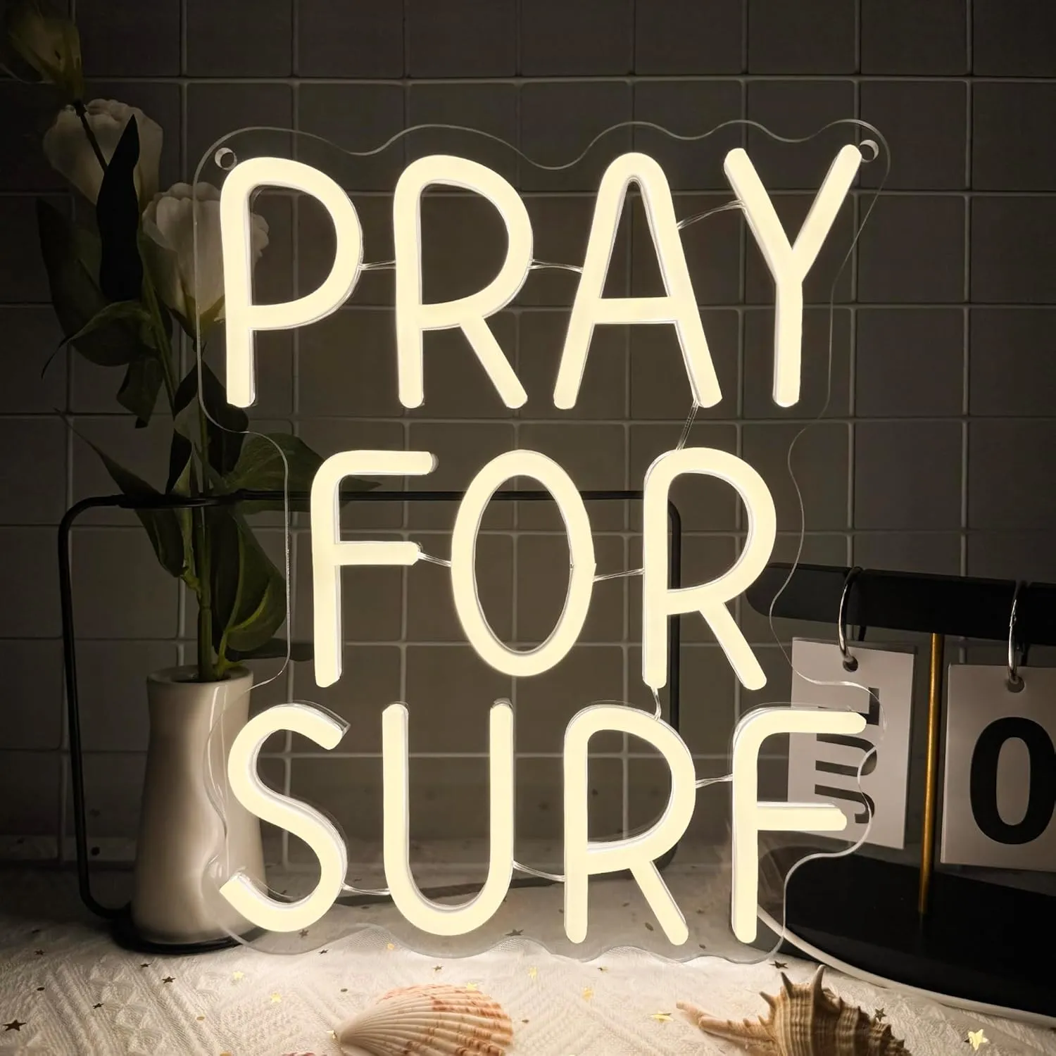 Pray for Surf Neon Signs for Wall Decor,Dimmable Beach Ocean Lovers Surf Sign,USB Powered Neon Light Signs for Surfer Man Cave Bedroom Teens Boys Girls Gifts (White)