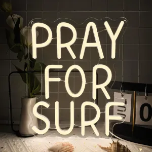 Pray for Surf Neon Signs for Wall Decor,Dimmable Beach Ocean Lovers Surf Sign,USB Powered Neon Light Signs for Surfer Man Cave Bedroom Teens Boys Girls Gifts (White)