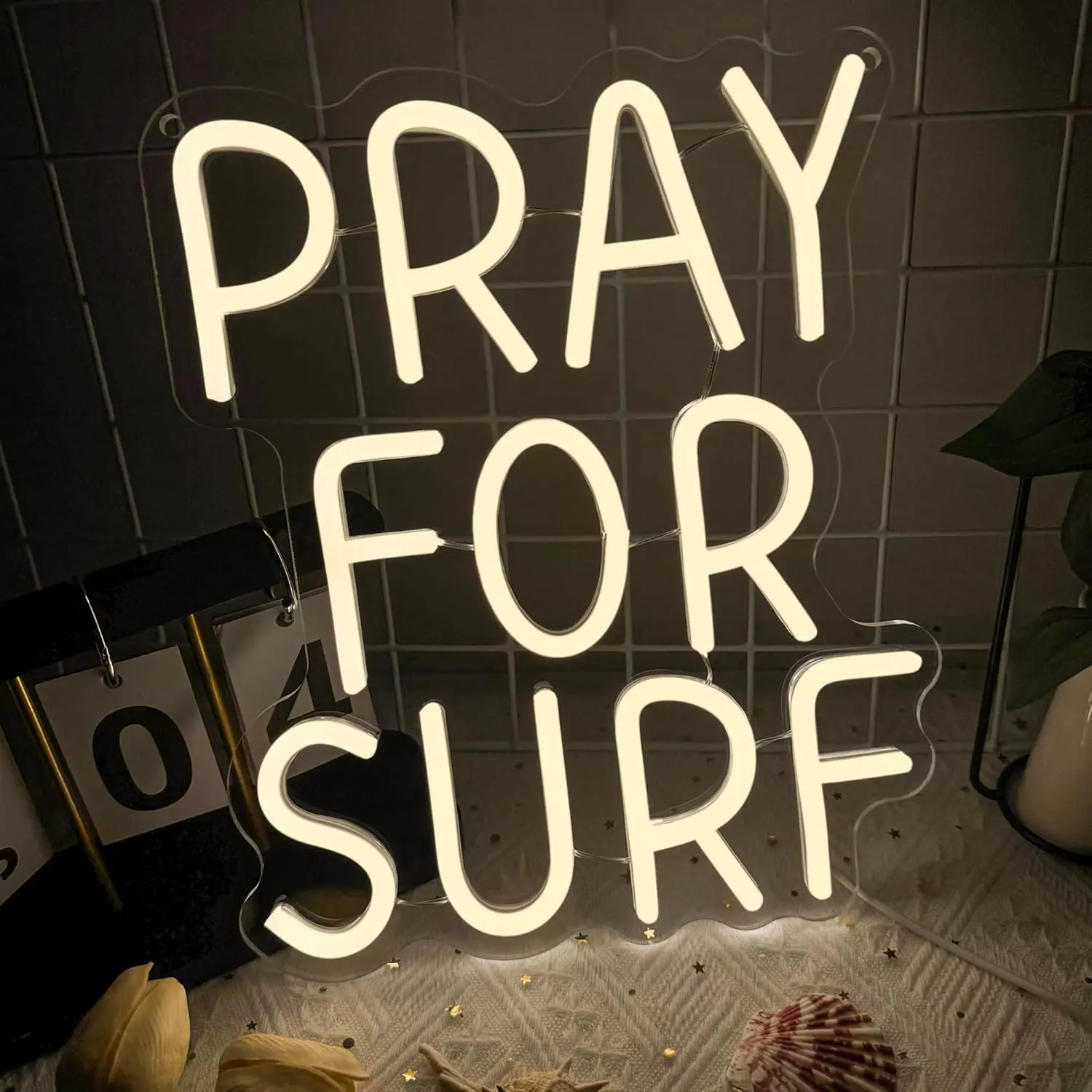 Pray for Surf Neon Signs for Wall Decor,Dimmable Beach Ocean Lovers Surf Sign,USB Powered Neon Light Signs for Surfer Man Cave Bedroom Teens Boys Girls Gifts (White)
