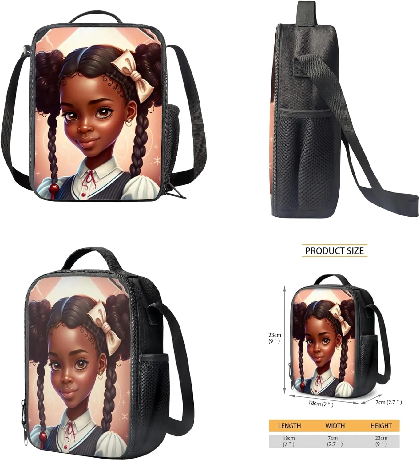 Preppy African Girl School Bag 3 Pcs Set for Boys Girls 5-19 Years Backpack with Insulated Lunch Bag and Pencil Pouch for Preschool Kids Afro Girl Book Bag Set for Study