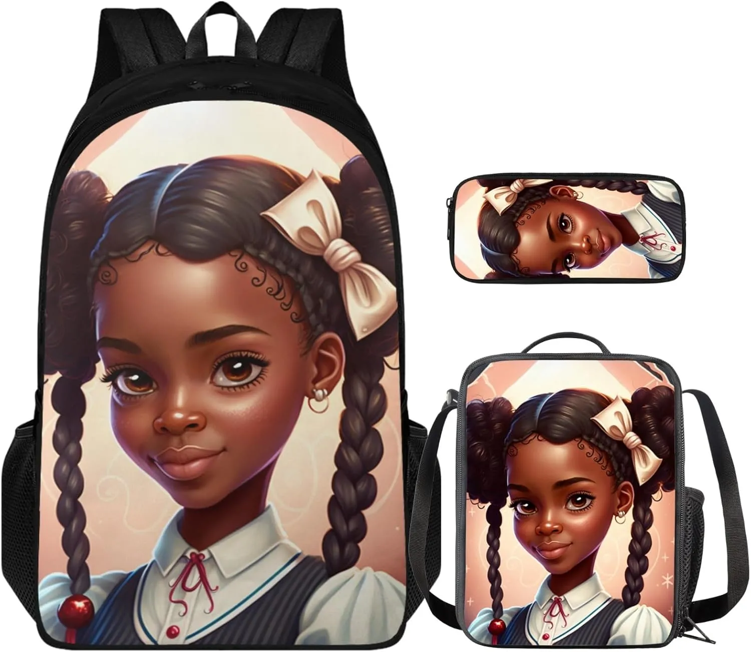 Preppy African Girl School Bag 3 Pcs Set for Boys Girls 5-19 Years Backpack with Insulated Lunch Bag and Pencil Pouch for Preschool Kids Afro Girl Book Bag Set for Study