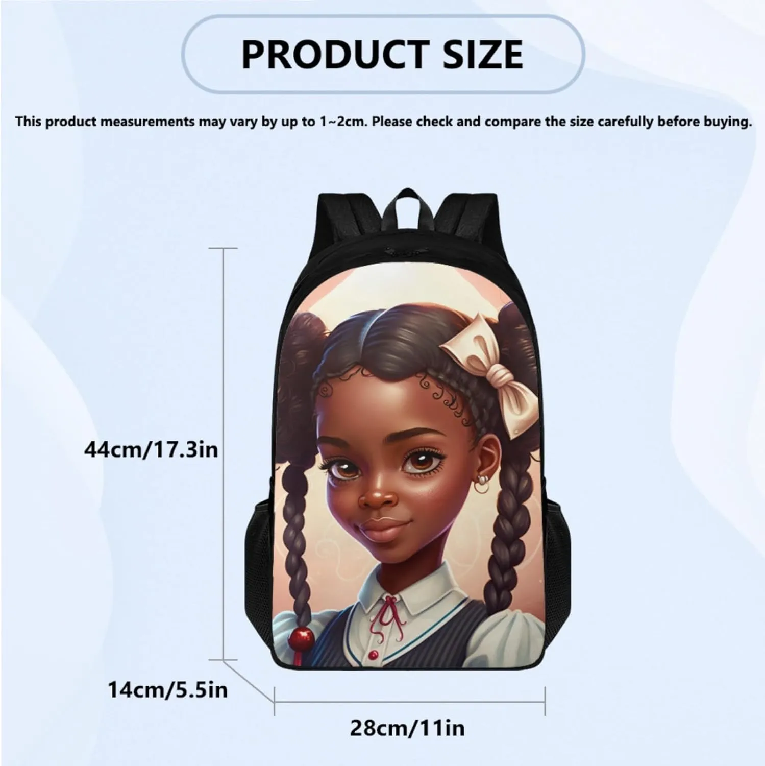 Preppy African Girl School Bag 3 Pcs Set for Boys Girls 5-19 Years Backpack with Insulated Lunch Bag and Pencil Pouch for Preschool Kids Afro Girl Book Bag Set for Study