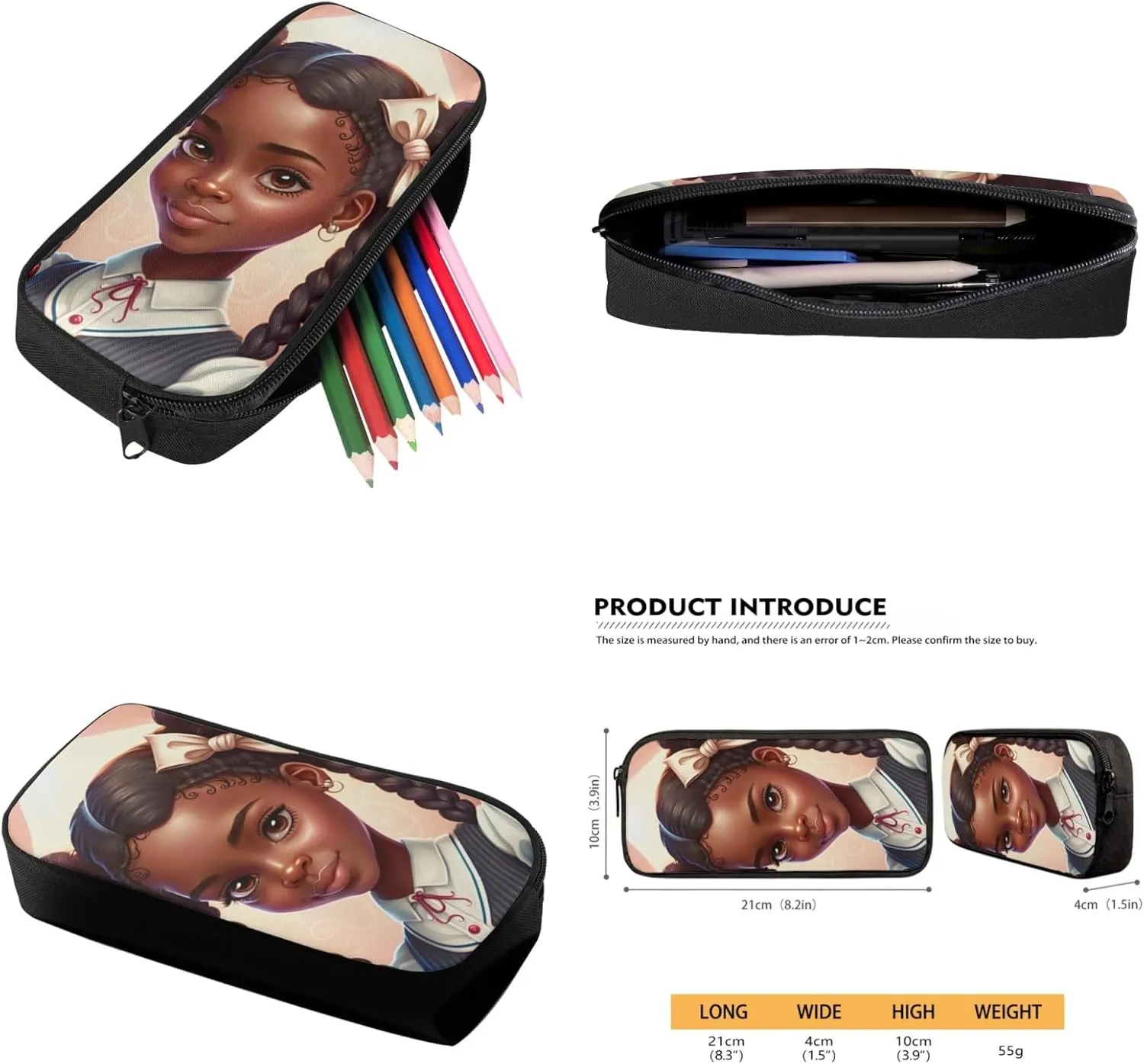 Preppy African Girl School Bag 3 Pcs Set for Boys Girls 5-19 Years Backpack with Insulated Lunch Bag and Pencil Pouch for Preschool Kids Afro Girl Book Bag Set for Study