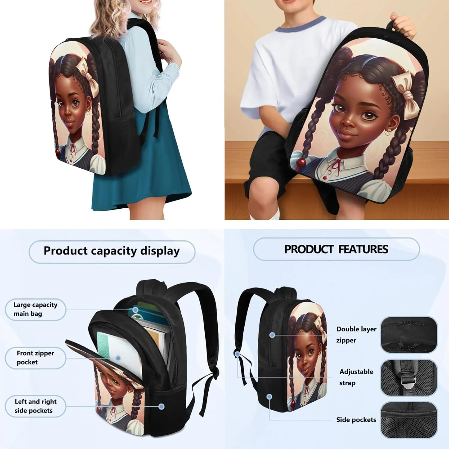 Preppy African Girl School Bag 3 Pcs Set for Boys Girls 5-19 Years Backpack with Insulated Lunch Bag and Pencil Pouch for Preschool Kids Afro Girl Book Bag Set for Study