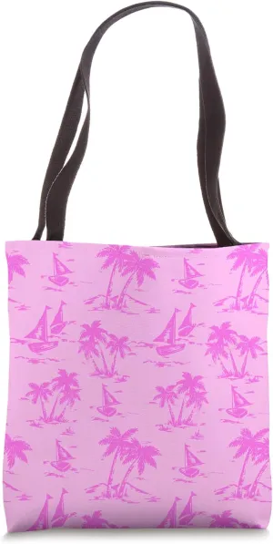 Preppy Pink Toile Palm Trees Sailboat Hawaiian Print Girly Tote Bag