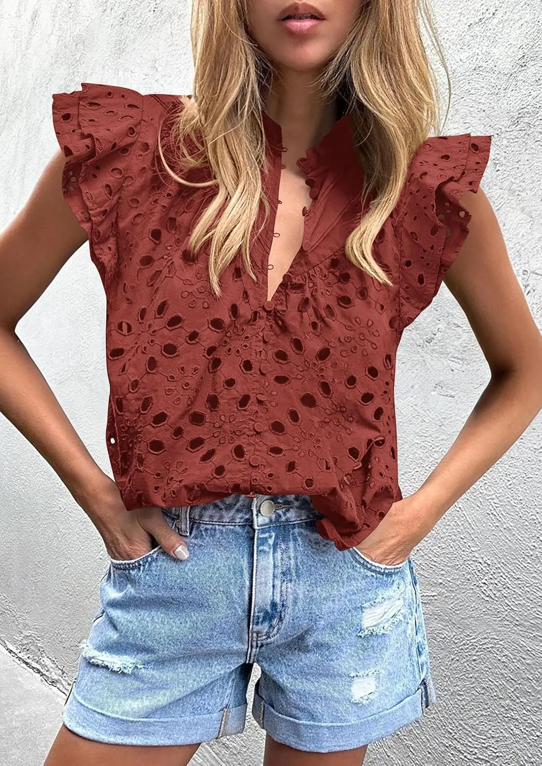 PRETTYGARDEN Womens Summer Tops 2025 Dressy Casual Ruffle Cap Sleeve Button V Neck Embroidered Eyelet Blouses Shirts