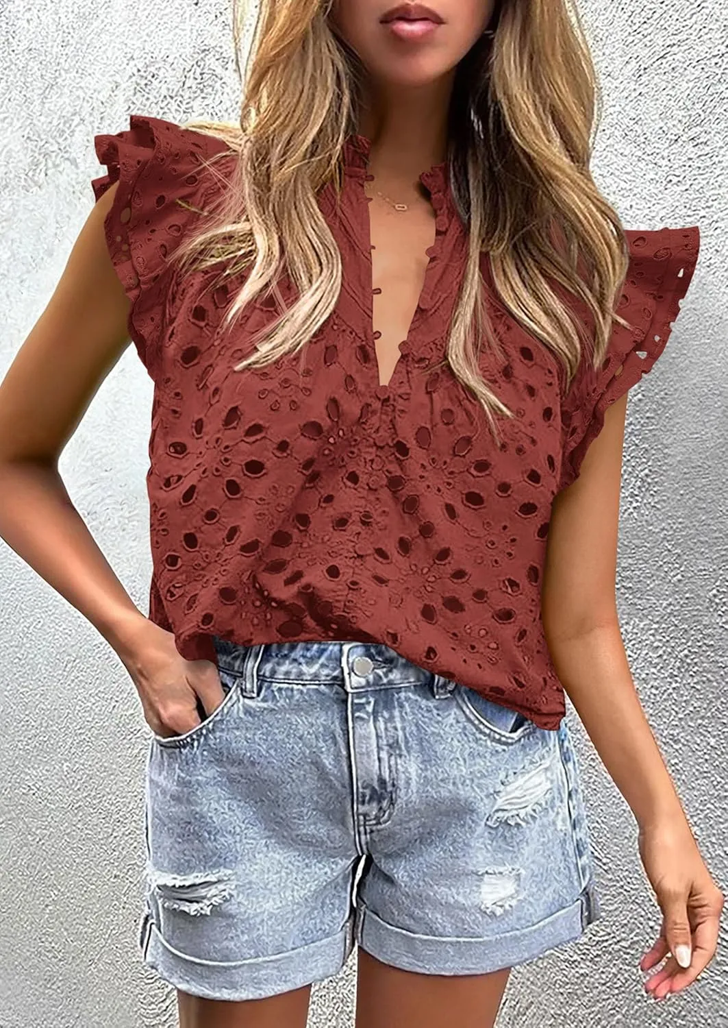 PRETTYGARDEN Womens Summer Tops 2025 Dressy Casual Ruffle Cap Sleeve Button V Neck Embroidered Eyelet Blouses Shirts