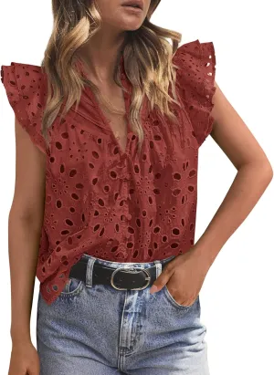 PRETTYGARDEN Womens Summer Tops 2025 Dressy Casual Ruffle Cap Sleeve Button V Neck Embroidered Eyelet Blouses Shirts