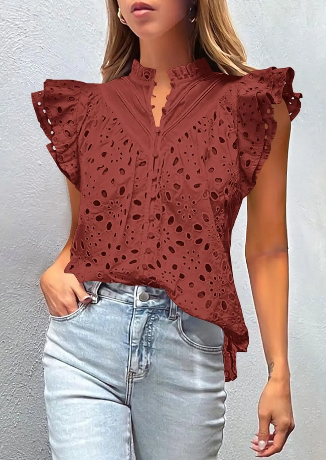 PRETTYGARDEN Womens Summer Tops 2025 Dressy Casual Ruffle Cap Sleeve Button V Neck Embroidered Eyelet Blouses Shirts