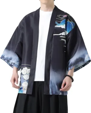 PRIJOUHE Men's Kimono Cardigan Jacket Japanese Style Flying Crane Seven Sleeves Open Front Coat