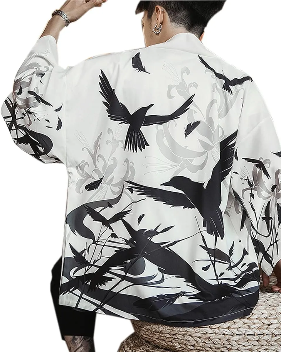 PRIJOUHE Men's Kimono Cardigan Jacket Japanese Style Flying Crane Seven Sleeves Open Front Coat
