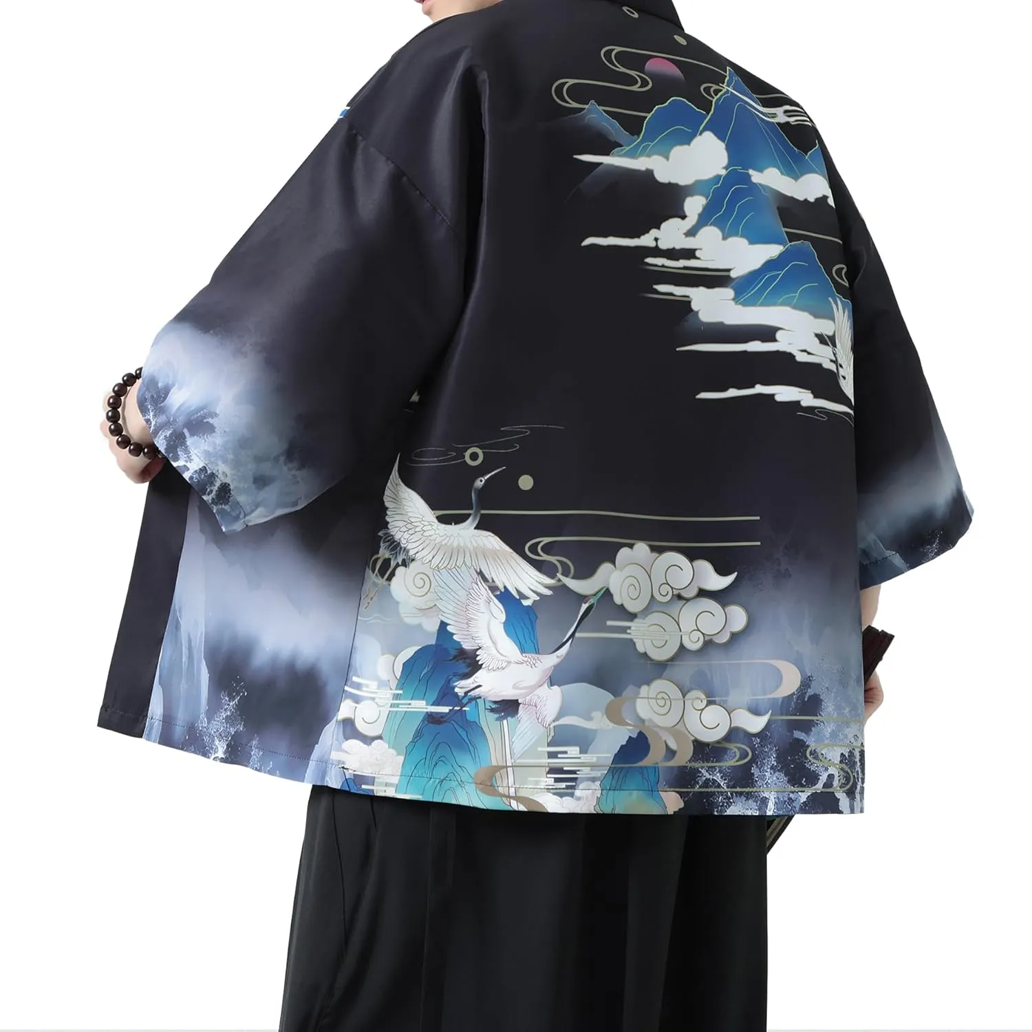 PRIJOUHE Men's Kimono Cardigan Jacket Japanese Style Flying Crane Seven Sleeves Open Front Coat