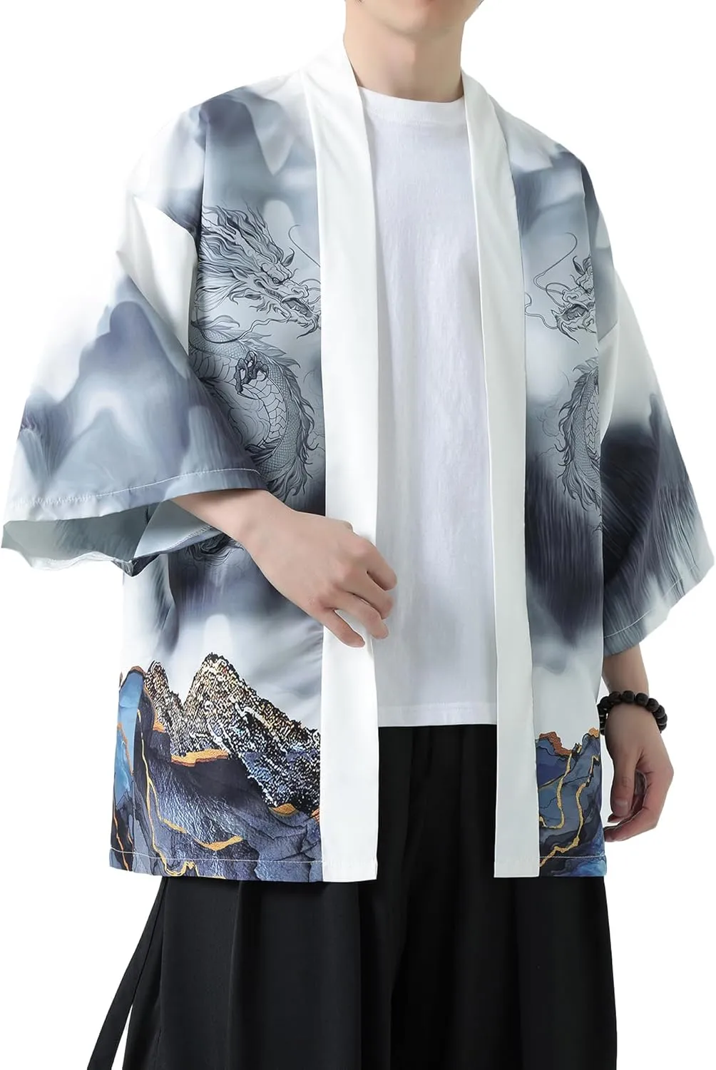 PRIJOUHE Men's Kimono Cardigan Jacket Japanese Style Flying Crane Seven Sleeves Open Front Coat