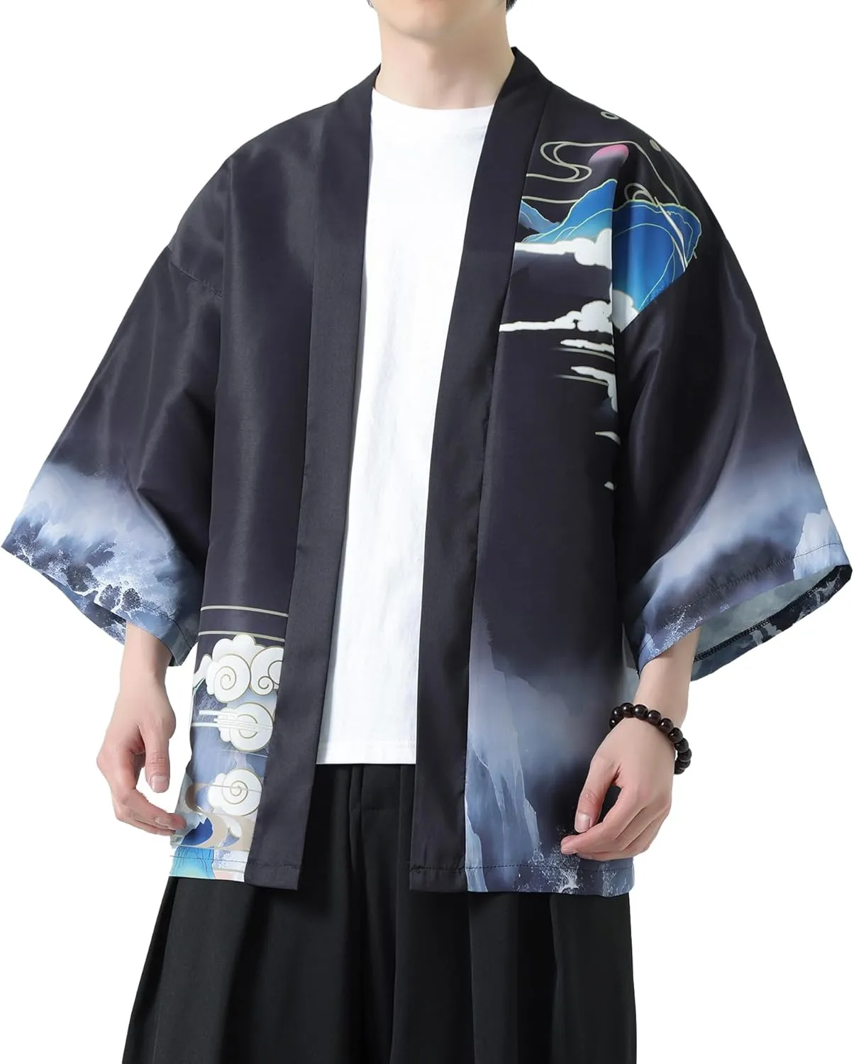 PRIJOUHE Men's Kimono Cardigan Jacket Japanese Style Flying Crane Seven Sleeves Open Front Coat