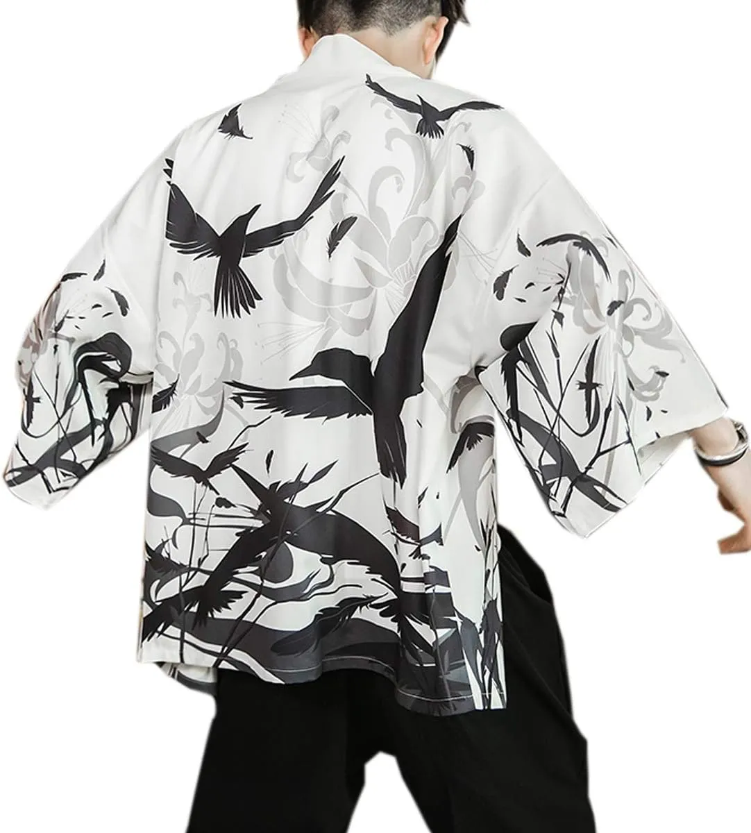 PRIJOUHE Men's Kimono Cardigan Jacket Japanese Style Flying Crane Seven Sleeves Open Front Coat