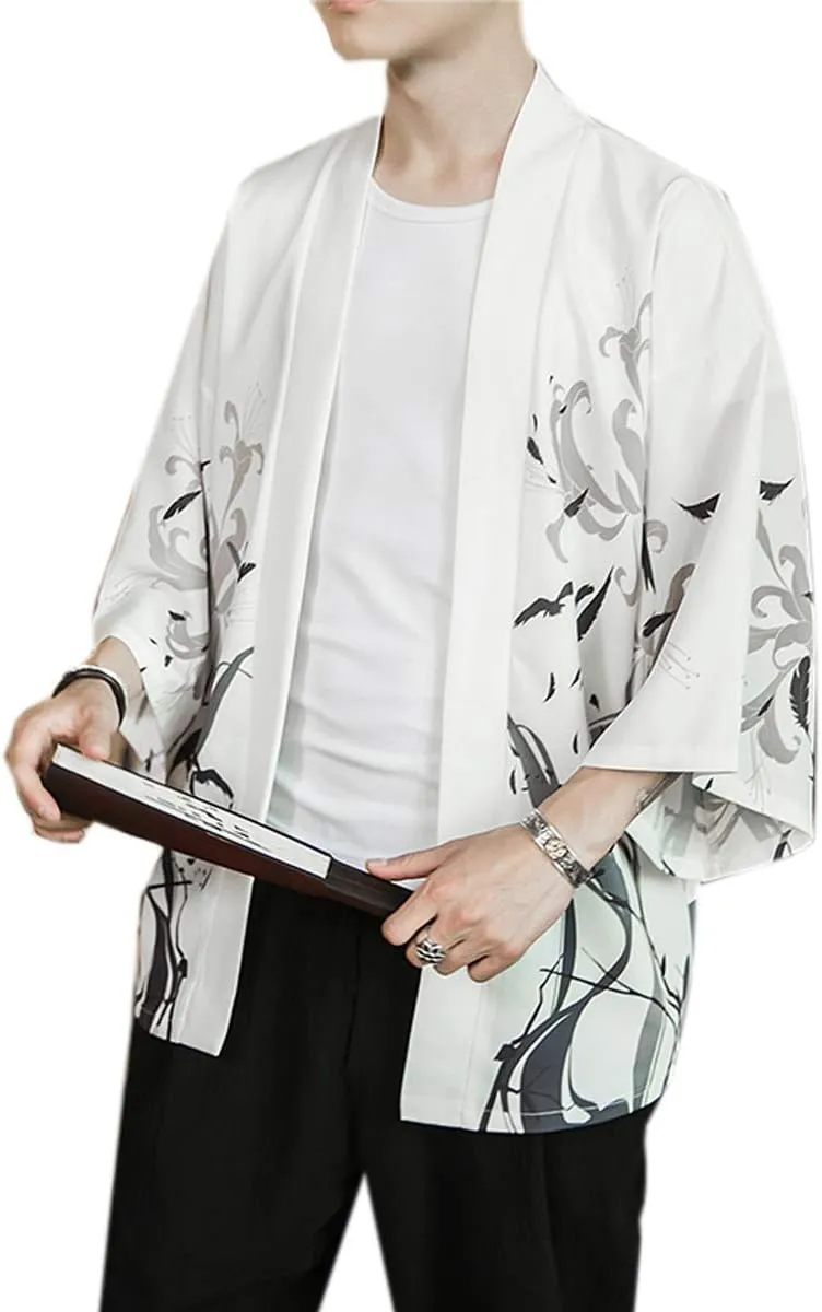 PRIJOUHE Men's Kimono Cardigan Jacket Japanese Style Flying Crane Seven Sleeves Open Front Coat
