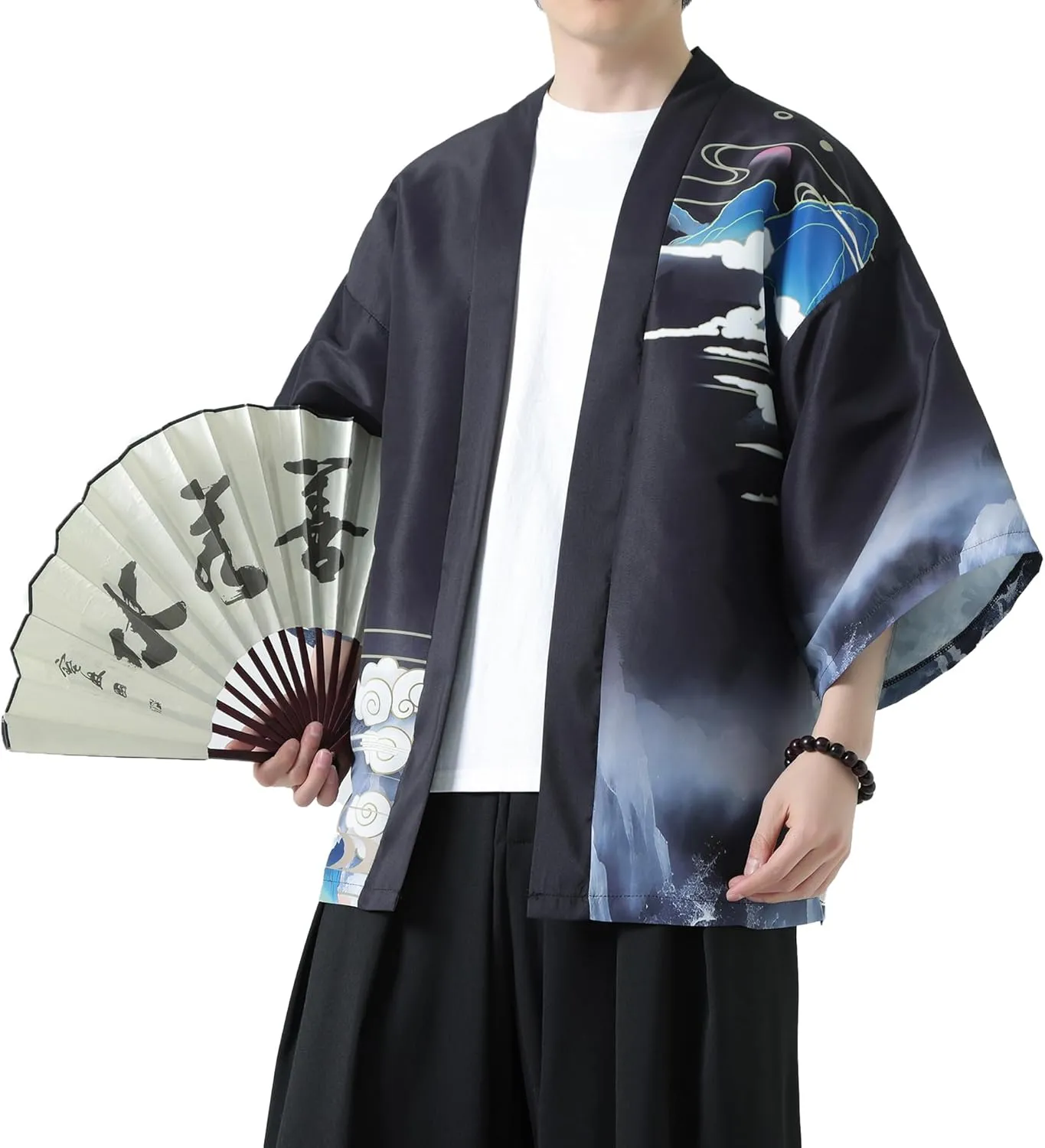 PRIJOUHE Men's Kimono Cardigan Jacket Japanese Style Flying Crane Seven Sleeves Open Front Coat