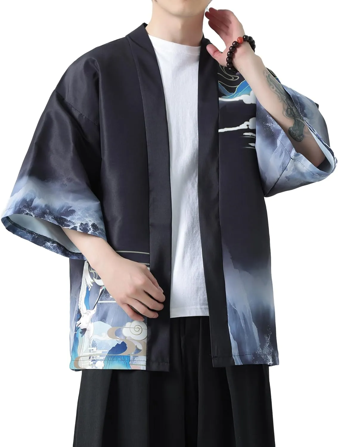 PRIJOUHE Men's Kimono Cardigan Jacket Japanese Style Flying Crane Seven Sleeves Open Front Coat