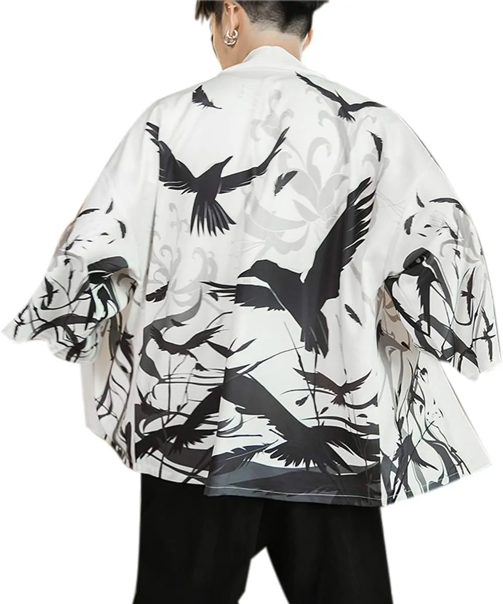 PRIJOUHE Men's Kimono Cardigan Jacket Japanese Style Flying Crane Seven Sleeves Open Front Coat