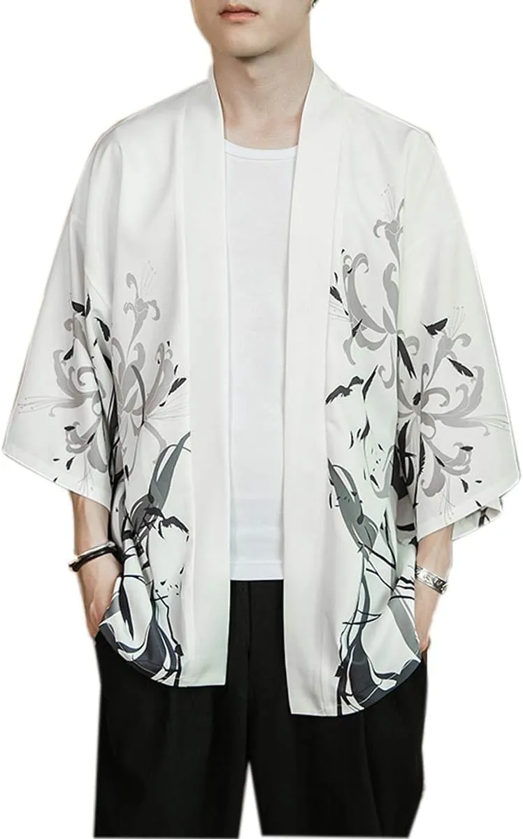 PRIJOUHE Men's Kimono Cardigan Jacket Japanese Style Flying Crane Seven Sleeves Open Front Coat