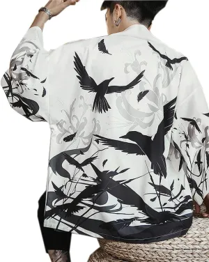 PRIJOUHE Men's Kimono Cardigan Jacket Japanese Style Flying Crane Seven Sleeves Open Front Coat
