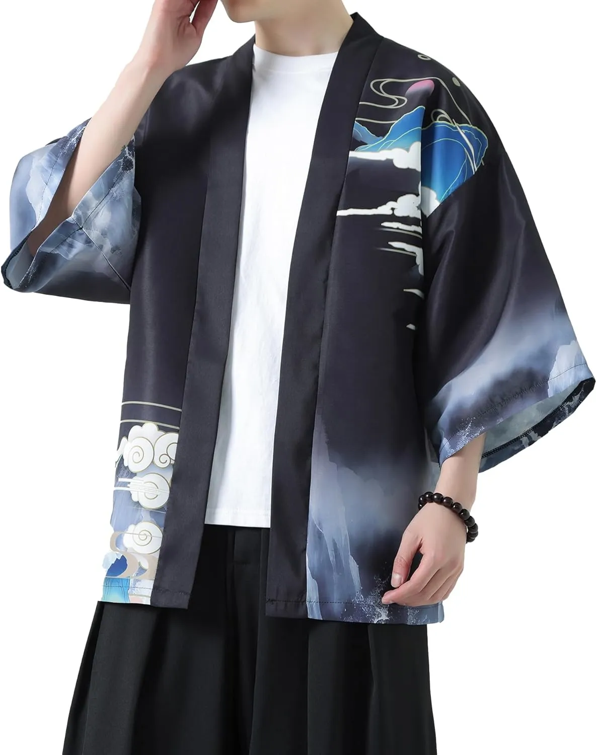 PRIJOUHE Men's Kimono Cardigan Jacket Japanese Style Flying Crane Seven Sleeves Open Front Coat