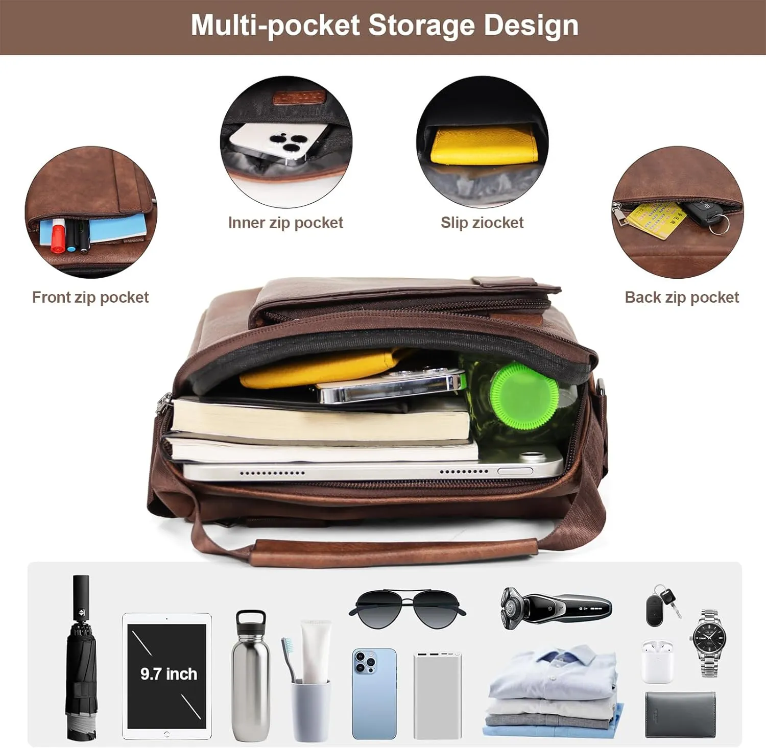 PU Leather Crossbody Shoulder Messenger Bag, Multiple Compartments