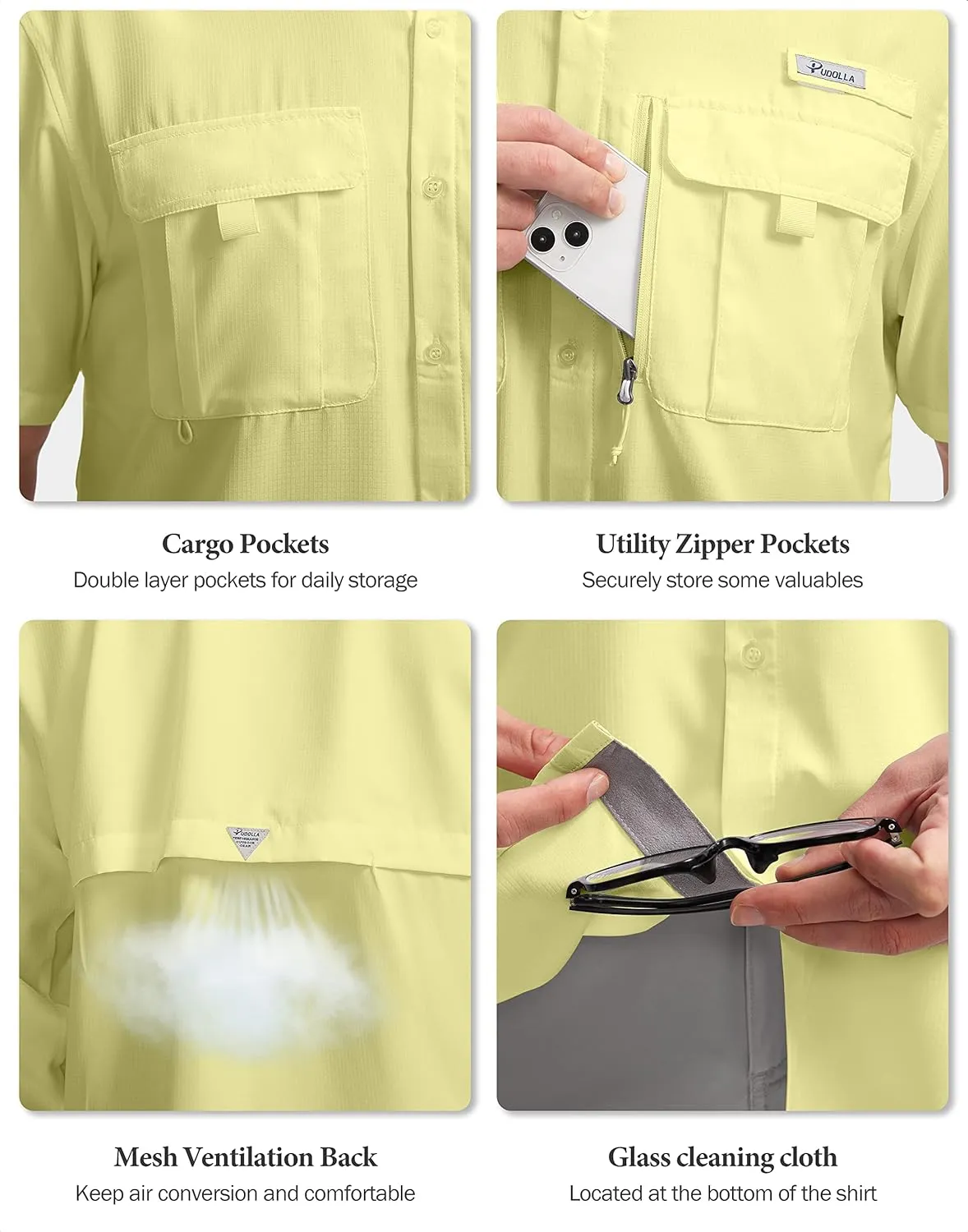 Pudolla Men's Fishing Shirts with Short Sleeves, Summer Travel Work Shirts, Button Down with UPF50  and Zipper Pockets