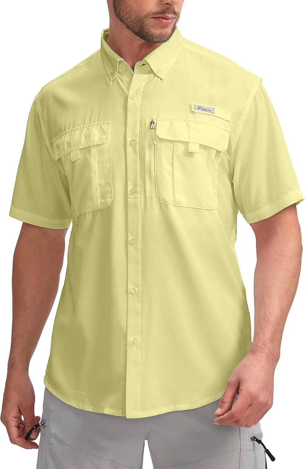 Pudolla Men's Fishing Shirts with Short Sleeves, Summer Travel Work Shirts, Button Down with UPF50  and Zipper Pockets