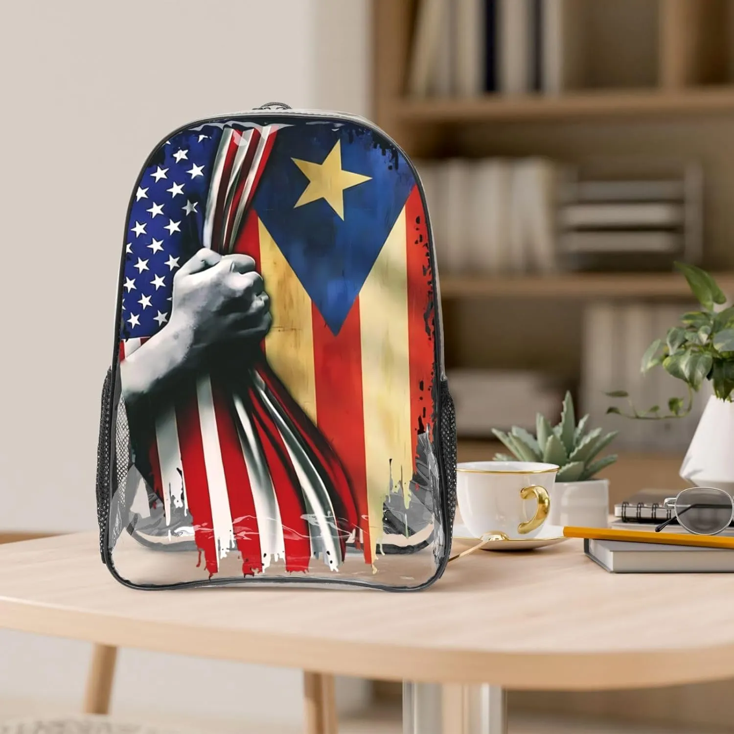 Puerto Rican American Flag 16 Inch Clear PVC Backpacks Transparent Backpack Multipurpose Double Shoulder Bag for Men Women Gifts