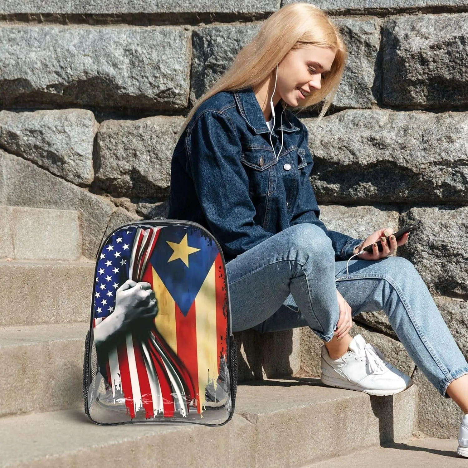 Puerto Rican American Flag 16 Inch Clear PVC Backpacks Transparent Backpack Multipurpose Double Shoulder Bag for Men Women Gifts