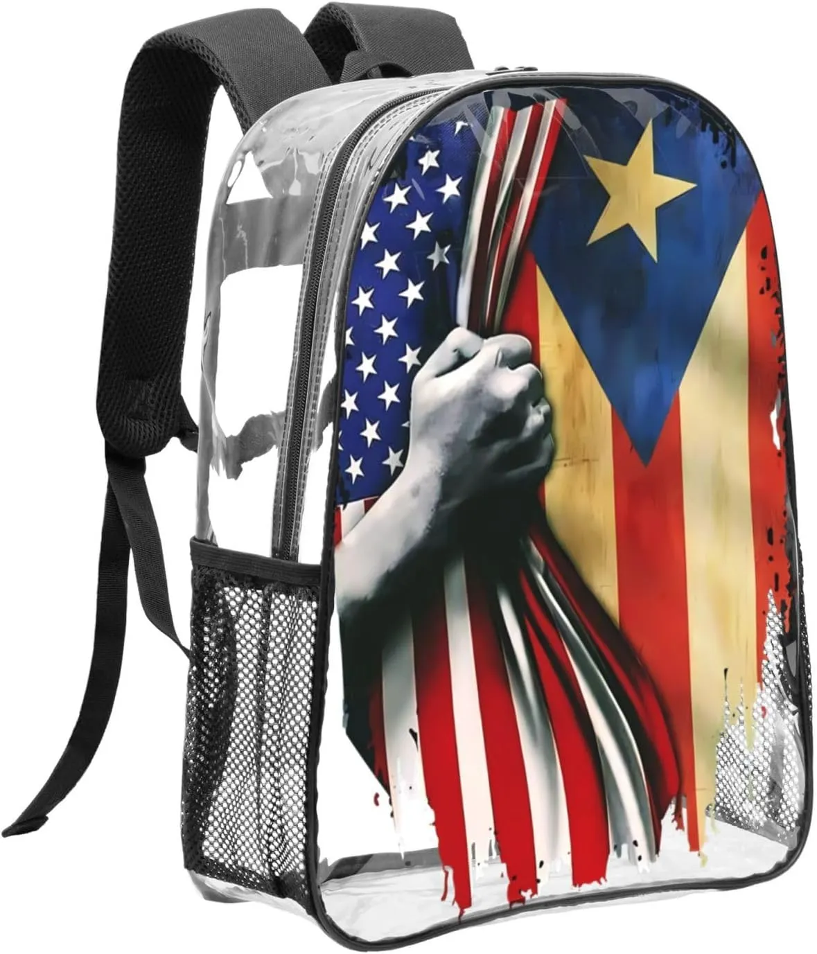 Puerto Rican American Flag 16 Inch Clear PVC Backpacks Transparent Backpack Multipurpose Double Shoulder Bag for Men Women Gifts