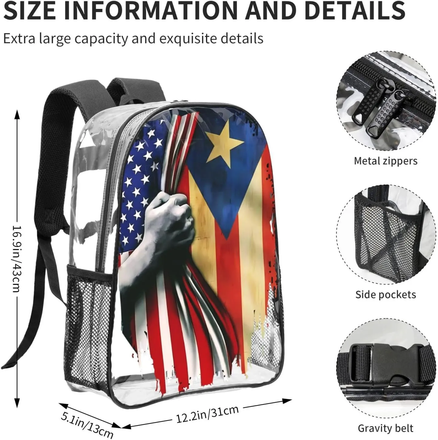 Puerto Rican American Flag 16 Inch Clear PVC Backpacks Transparent Backpack Multipurpose Double Shoulder Bag for Men Women Gifts