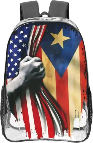 Puerto Rican American Flag 16 Inch Clear PVC Backpacks Transparent Backpack Multipurpose Double Shoulder Bag for Men Women Gifts