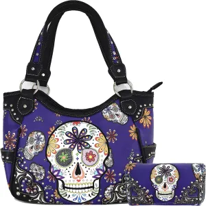 Punk Gothic Rock Metallic Skull Day of the Dead Floral Sugar Skull Leather Purse Women Handbag Shoulder Bag Wallet Set