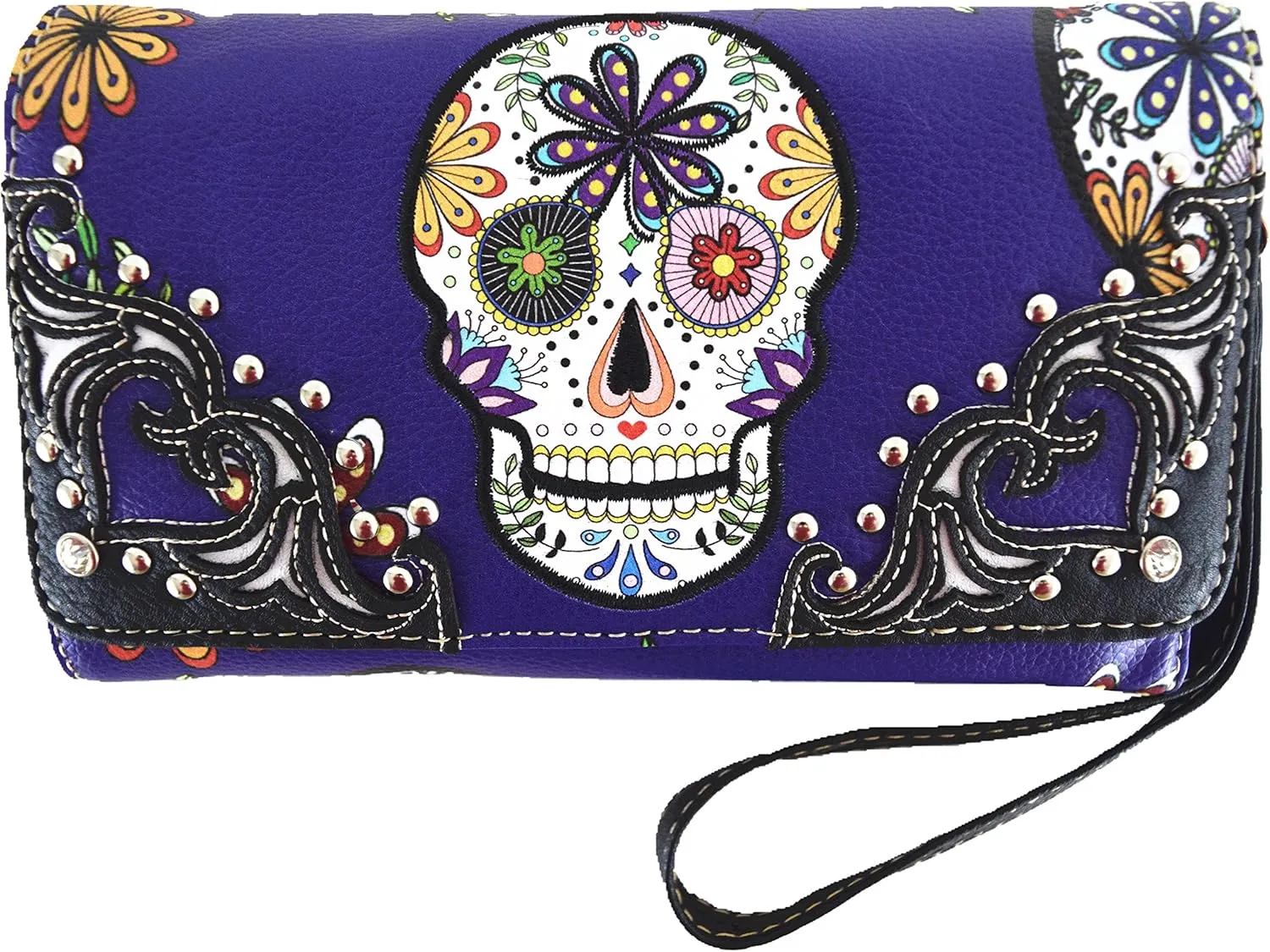 Punk Gothic Rock Metallic Skull Day of the Dead Floral Sugar Skull Leather Purse Women Handbag Shoulder Bag Wallet Set