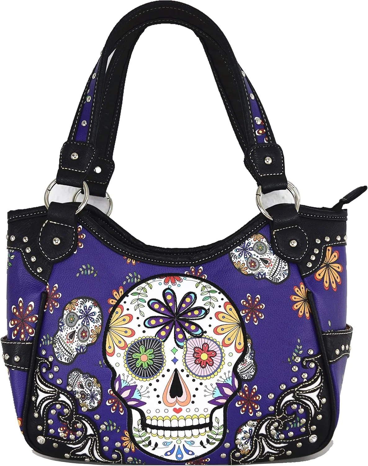 Punk Gothic Rock Metallic Skull Day of the Dead Floral Sugar Skull Leather Purse Women Handbag Shoulder Bag Wallet Set